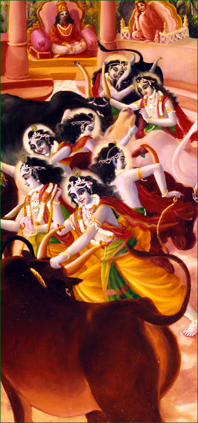 Lord Krishna Tames the Bulls of King Nagnajit of Ayodhya